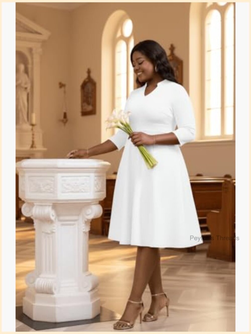 Plus Size 3/4 Sleeve V Neck Midi Dress with Pockets - Picture 2 of 7